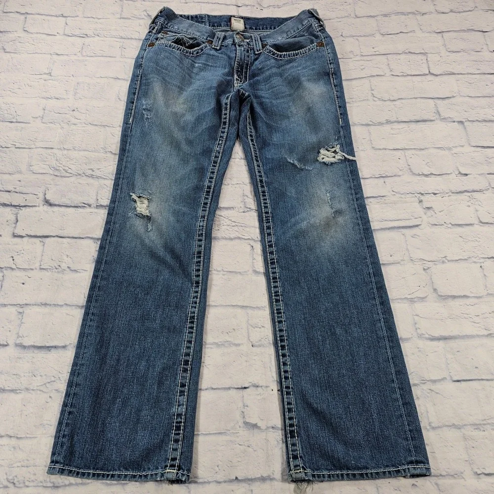 True Religion Ricky Big T Jeans Mens 33X34 Blue Distressed Bootcut VTG Y2K USA